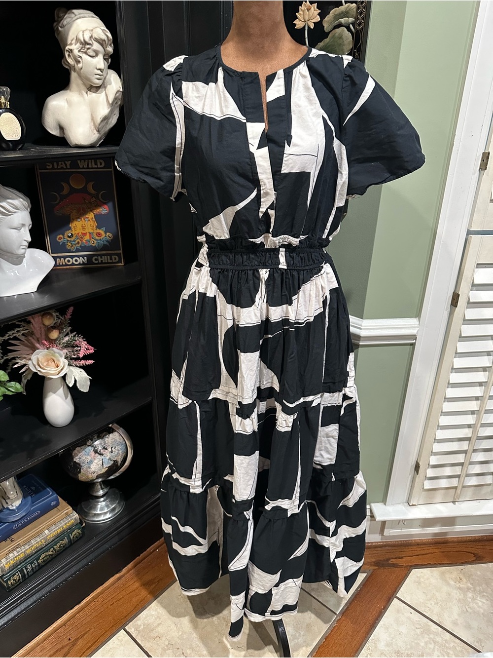 Anthropologie Maeve Somerset Maxi Dress Black White Abstract Print Smocked
